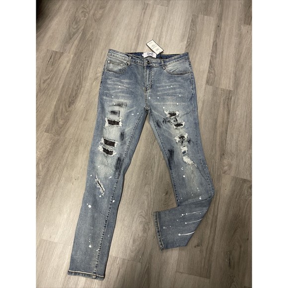 DNA LIGHT WASH BLUE STUDDED BIKER JEANS HAND CRAFTED SIZE 38 NEW RETAIL 119 - Picture 1 of 4